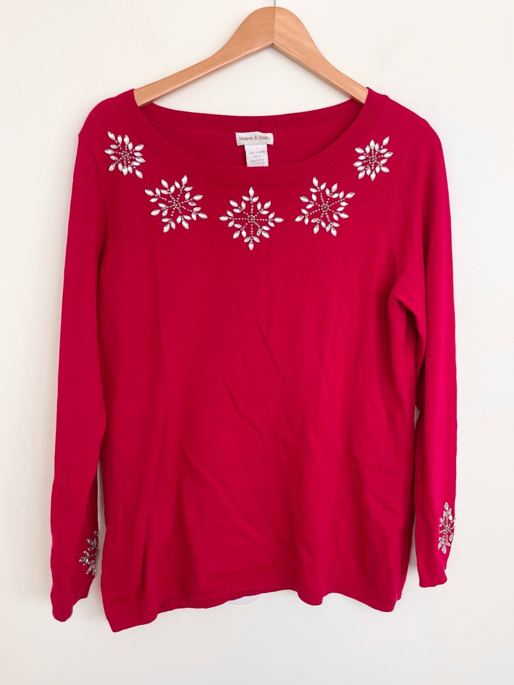 Monroe & Main Rhinestone Snowflake Cotton Blend Red Sweater L Large Scoopneck